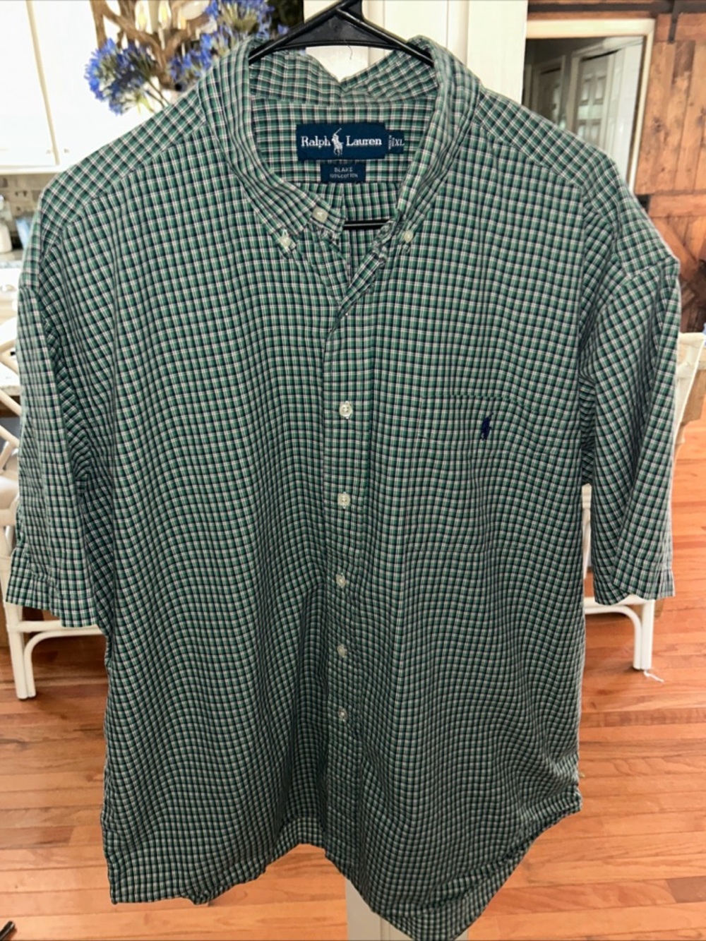 Ralph Lauren Green and White Checked Short-Sleeve Button-Down Shirt
